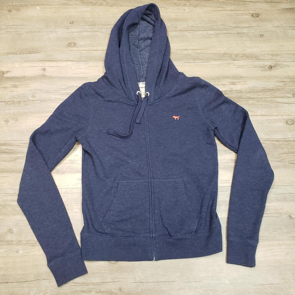 PINK Victoria's Secret Hoodie Womens Small Navy Blue Full Zip Love Pink Logo Dog